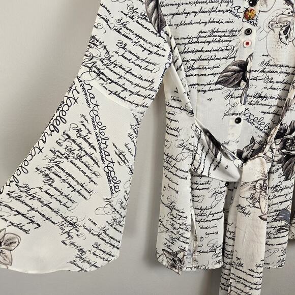 MISHCA French Garden Poplin Blouse Flare Sleeve Tie Front SMALL Boho Peasant - Picture 4 of 14